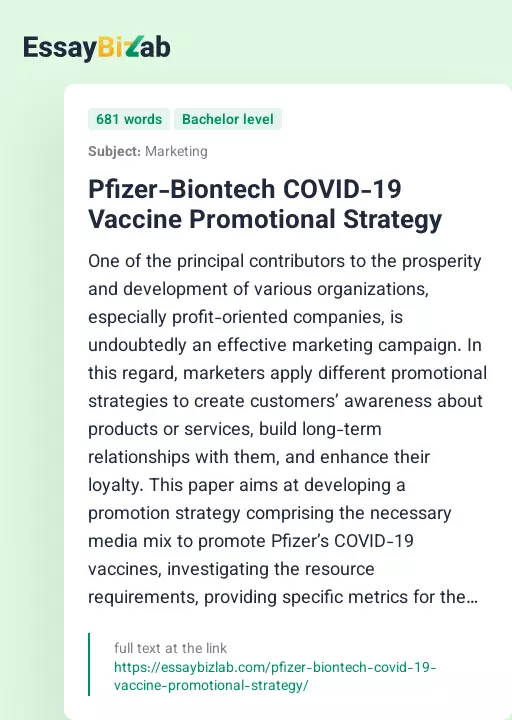 Pfizer-Biontech COVID-19 Vaccine Promotional Strategy - Essay Preview