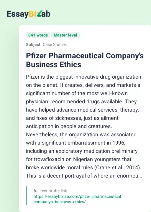 Pfizer Pharmaceutical Company's Business Ethics - Essay Preview