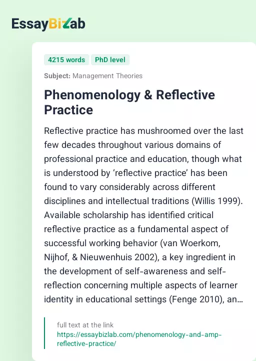 Phenomenology & Reflective Practice - Essay Preview