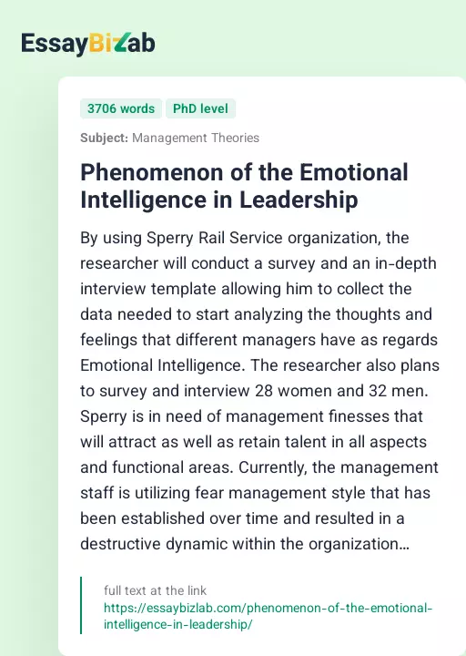 Phenomenon of the Emotional Intelligence in Leadership - Essay Preview