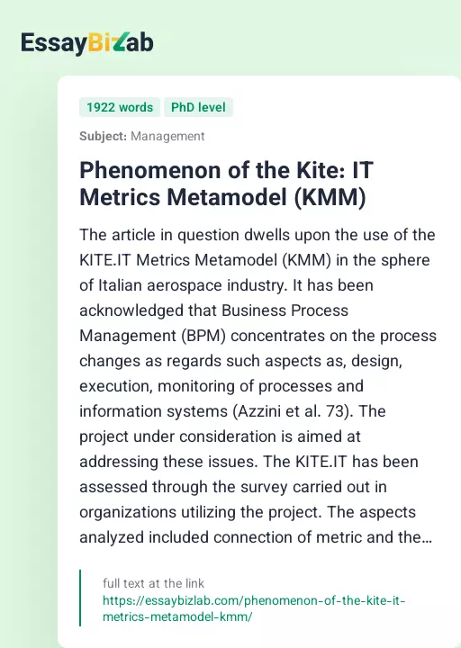 Phenomenon of the Kite: IT Metrics Metamodel (KMM) - Essay Preview