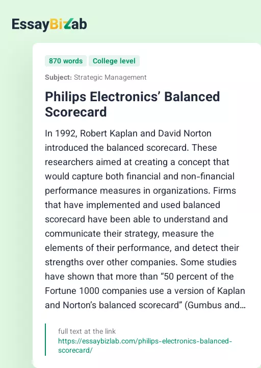 Philips Electronics’ Balanced Scorecard - Essay Preview