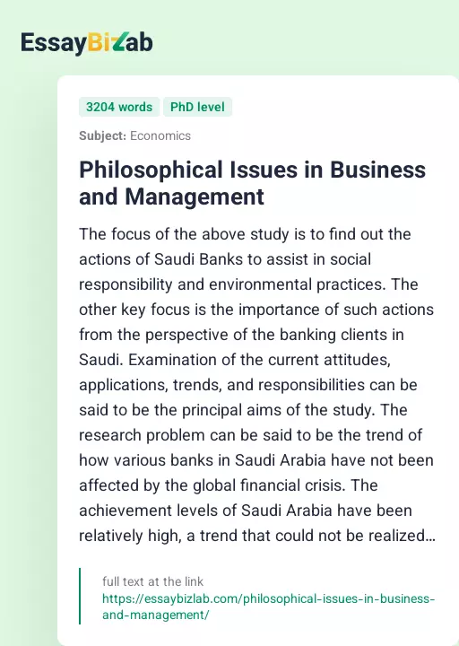 Philosophical Issues in Business and Management - Essay Preview