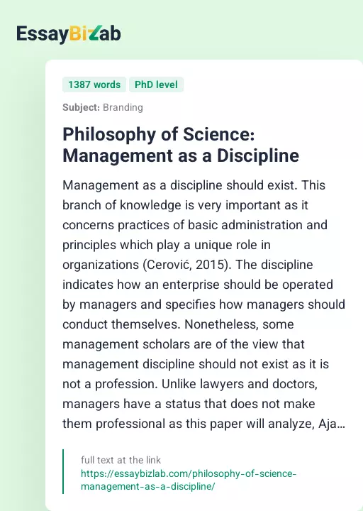 Philosophy of Science: Management as a Discipline - Essay Preview