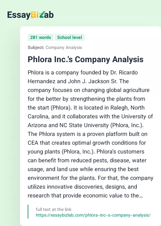 Phlora Inc.'s Company Analysis - Essay Preview