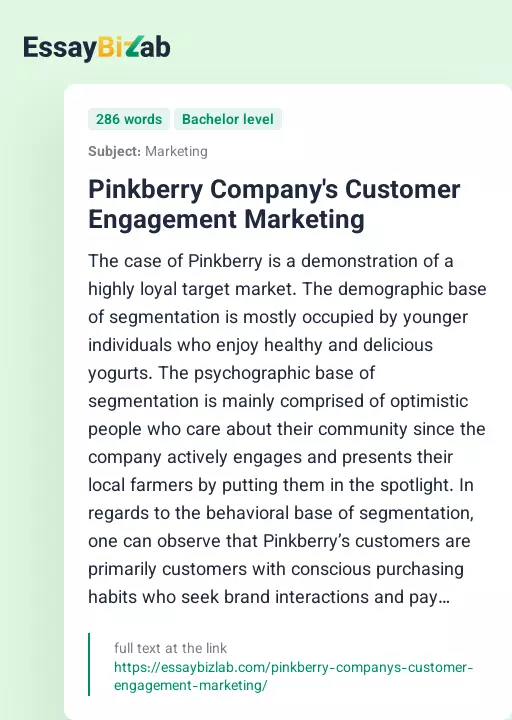 Pinkberry Company's Customer Engagement Marketing - Essay Preview