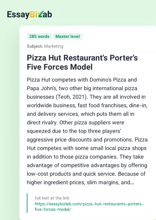 Pizza Hut Restaurant's Porter's Five Forces Model - Essay Preview