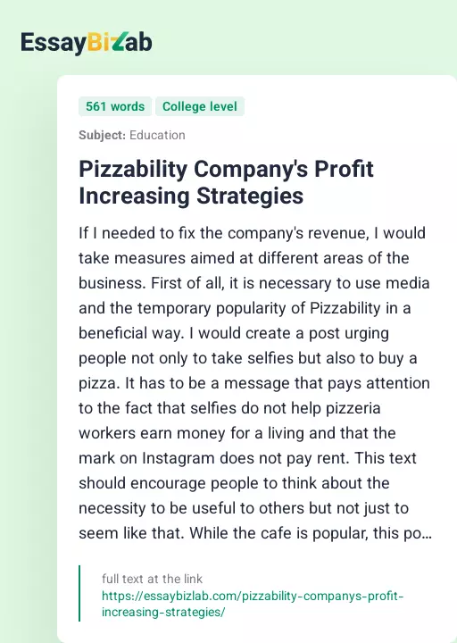 Pizzability Company's Profit Increasing Strategies - Essay Preview