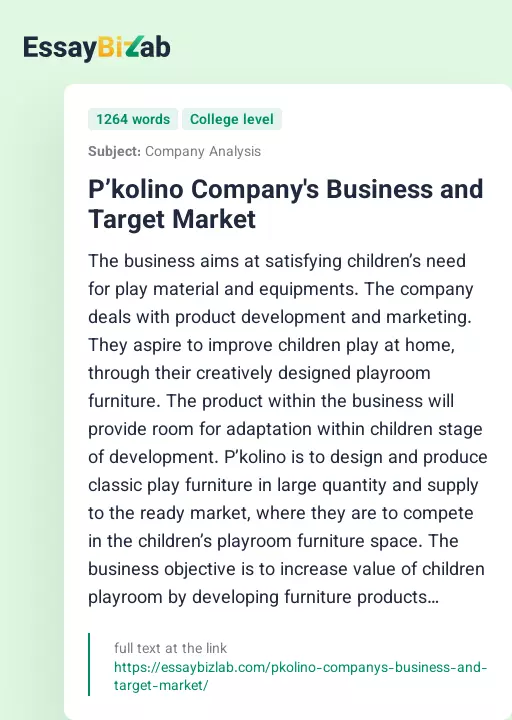 P’kolino Company's Business and Target Market - Essay Preview