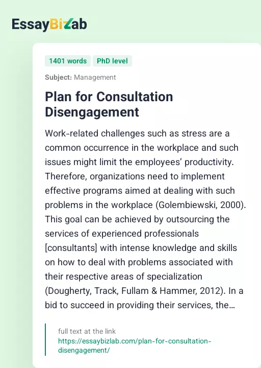 Plan for Consultation Disengagement - Essay Preview
