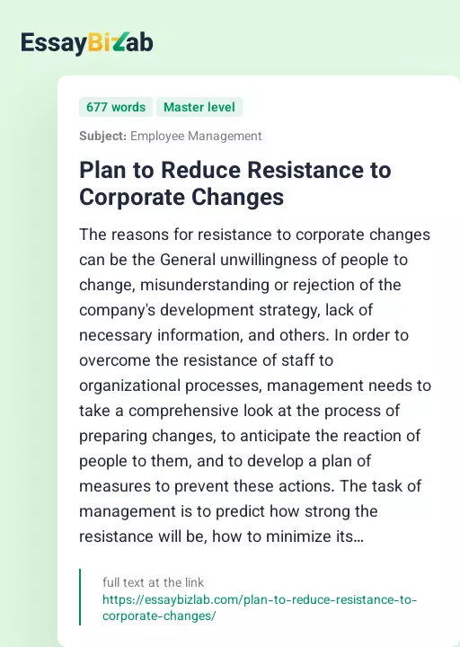 Plan to Reduce Resistance to Corporate Changes - Essay Preview