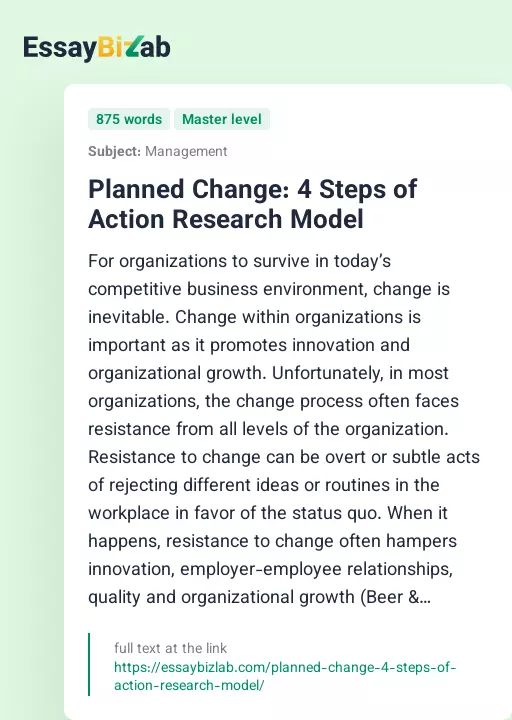 Planned Change: 4 Steps of Action Research Model - Essay Preview