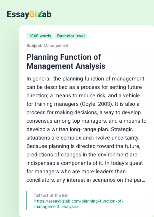 Planning Function of Management Analysis - Essay Preview