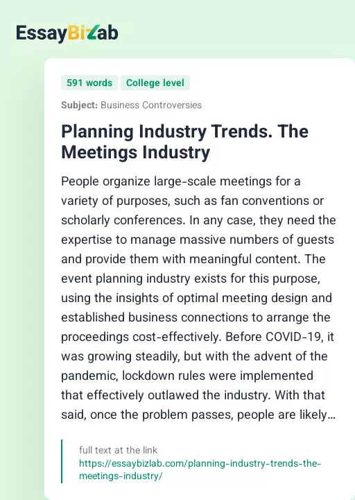 Planning Industry Trends. The Meetings Industry - Essay Preview