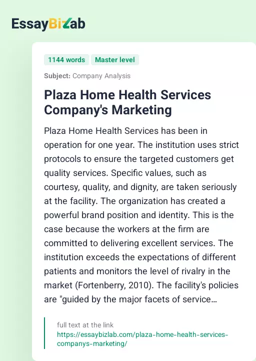 Plaza Home Health Services Company's Marketing - Essay Preview