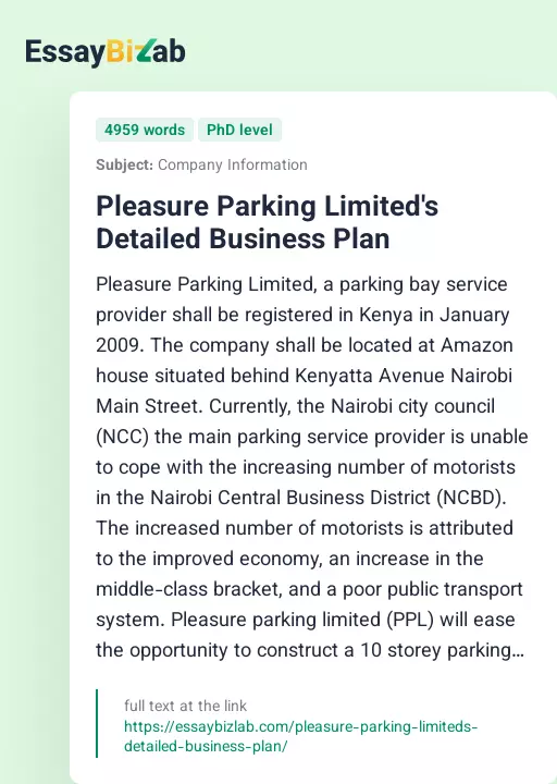 Pleasure Parking Limited's Detailed Business Plan - Essay Preview