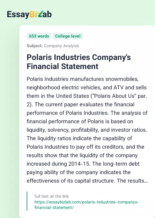 Polaris Industries Company's Financial Statement - Essay Preview