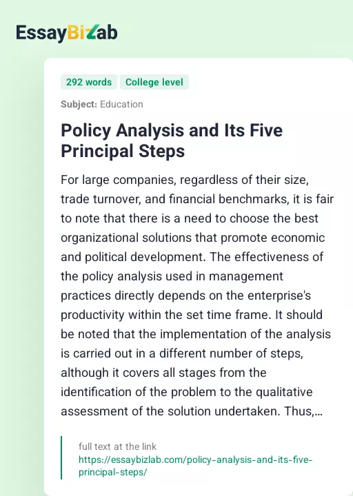 Policy Analysis and Its Five Principal Steps - Essay Preview