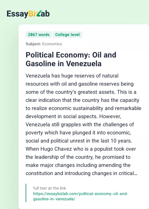 Political Economy: Oil and Gasoline in Venezuela - Essay Preview