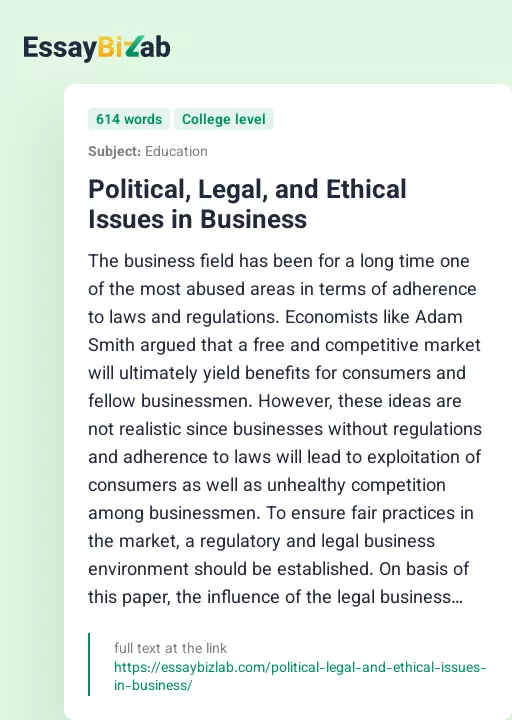 Political, Legal, and Ethical Issues in Business - Essay Preview