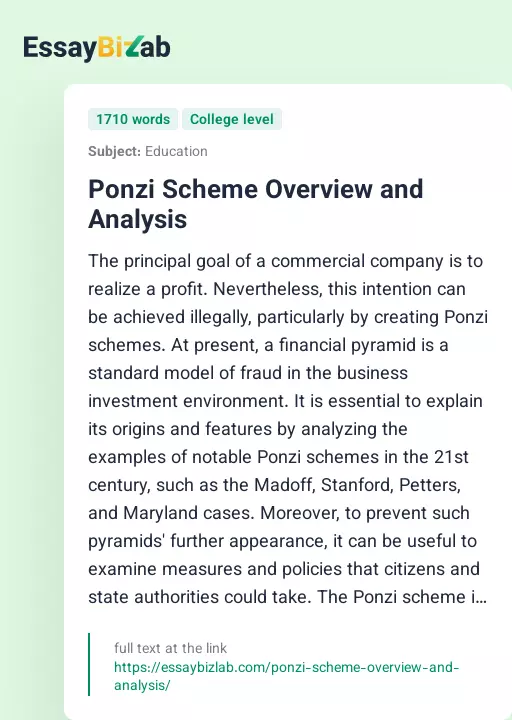 Ponzi Scheme Overview and Analysis - Essay Preview