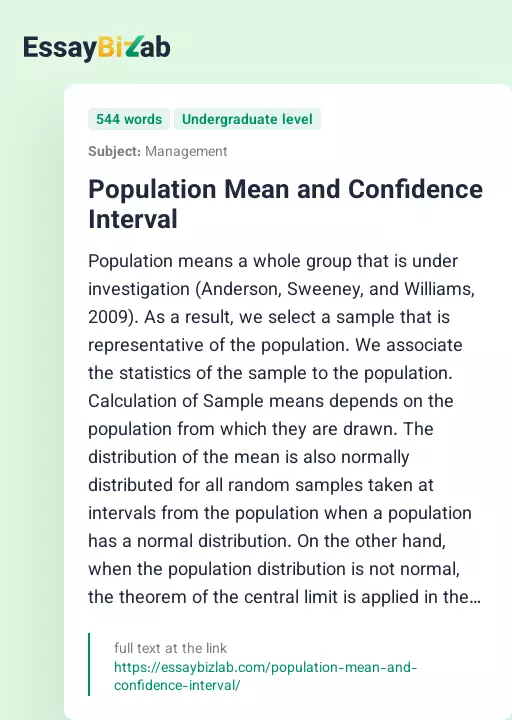 Population Mean and Confidence Interval - Essay Preview