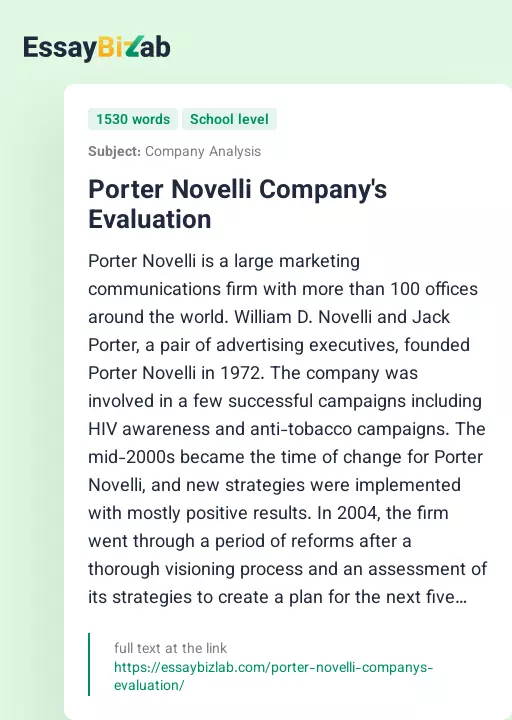 Porter Novelli Company's Evaluation - Essay Preview