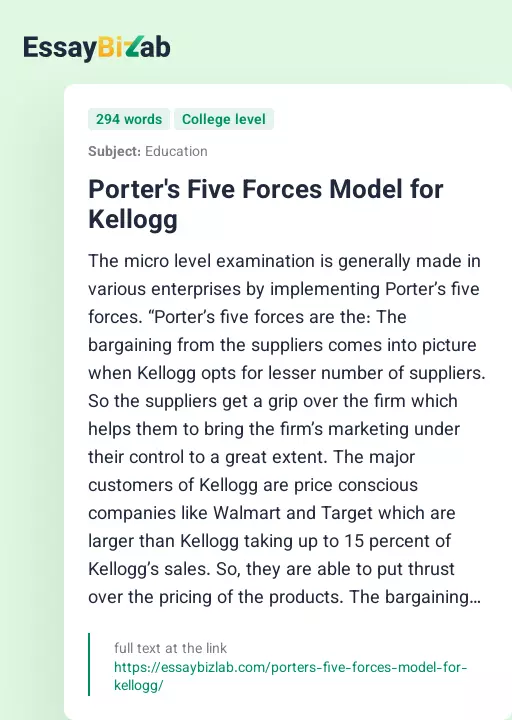 Porter's Five Forces Model for Kellogg - Essay Preview