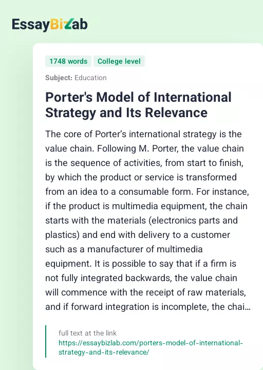 Porter's Model of International Strategy and Its Relevance - Essay Preview