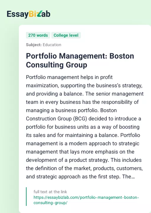 Portfolio Management: Boston Consulting Group - Essay Preview