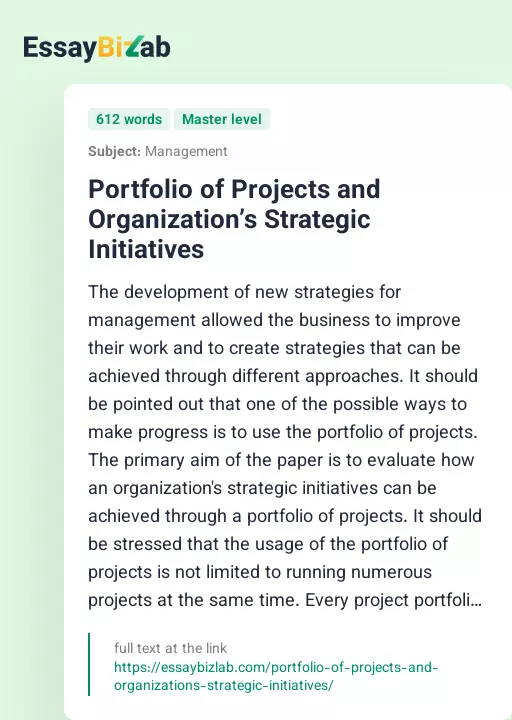 Portfolio of Projects and Organization’s Strategic Initiatives - Essay Preview