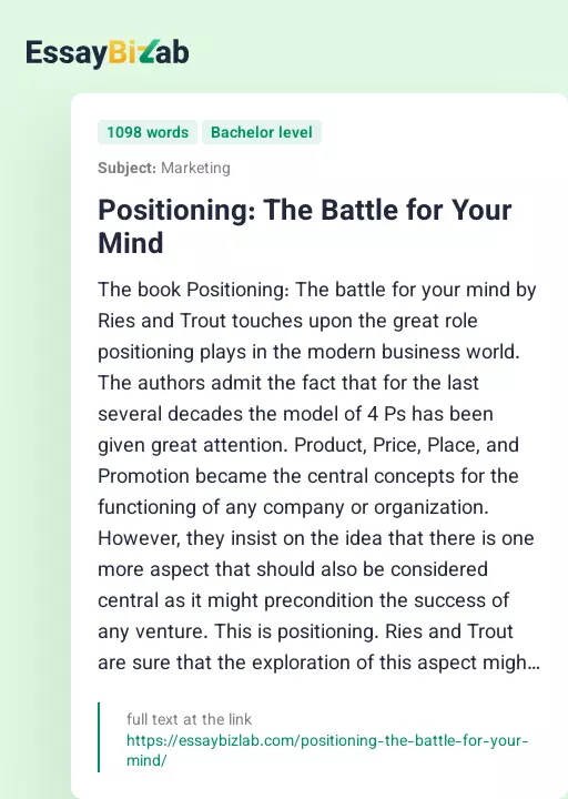 Positioning: The Battle for Your Mind - Essay Preview