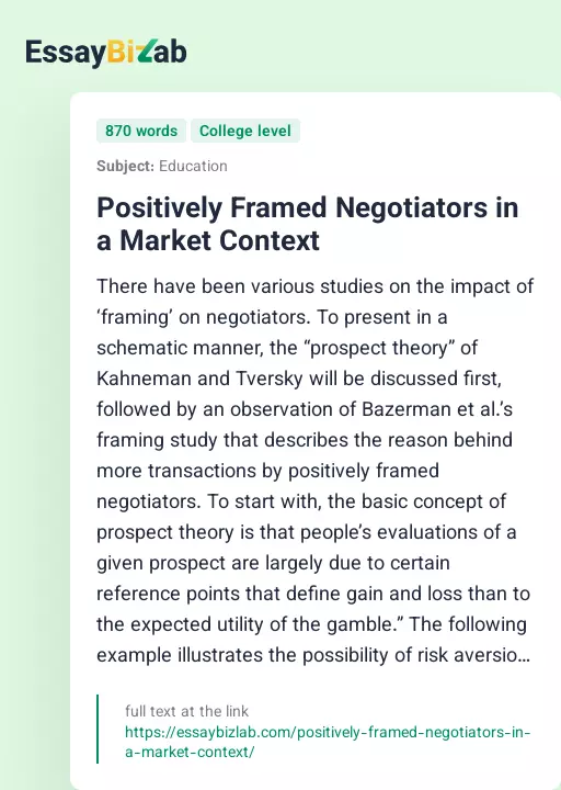 Positively Framed Negotiators in a Market Context - Essay Preview