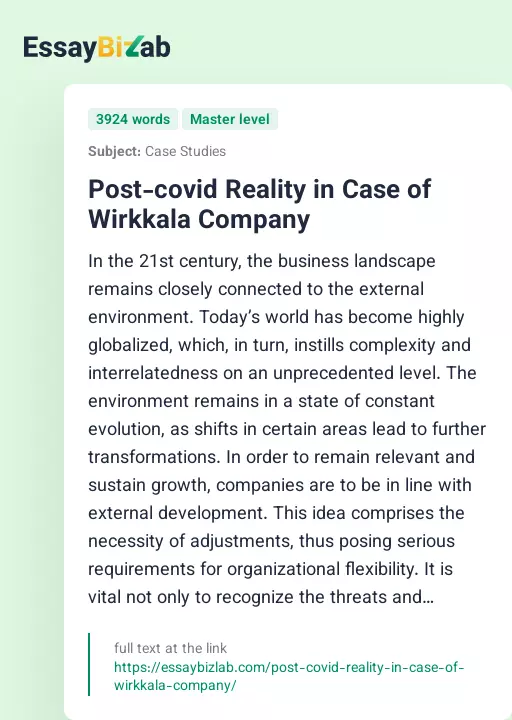 Post-covid Reality in Case of Wirkkala Company - Essay Preview