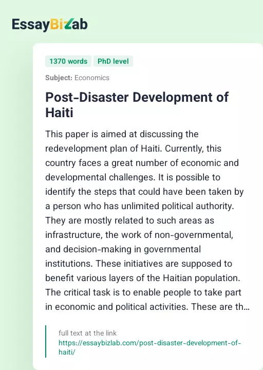 Post-Disaster Development of Haiti - Essay Preview
