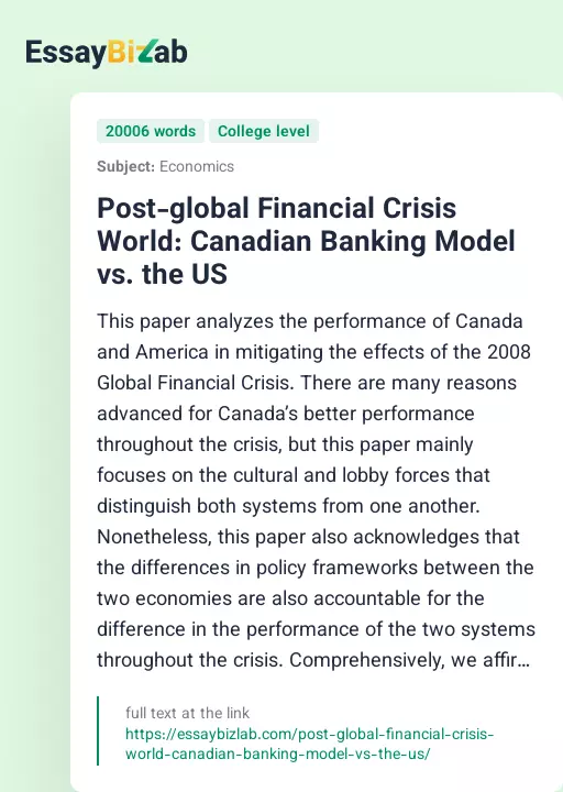 Post-global Financial Crisis World: Canadian Banking Model vs. the US - Essay Preview