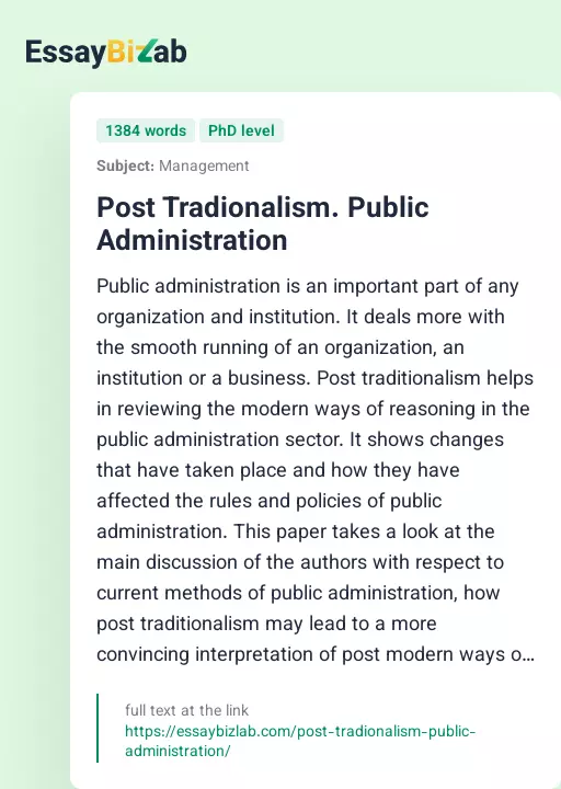 Post Tradionalism. Public Administration - Essay Preview