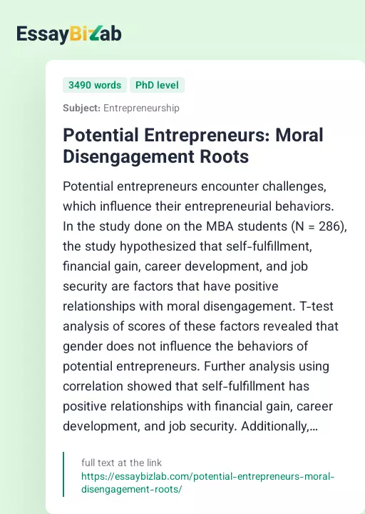 Potential Entrepreneurs: Moral Disengagement Roots - Essay Preview