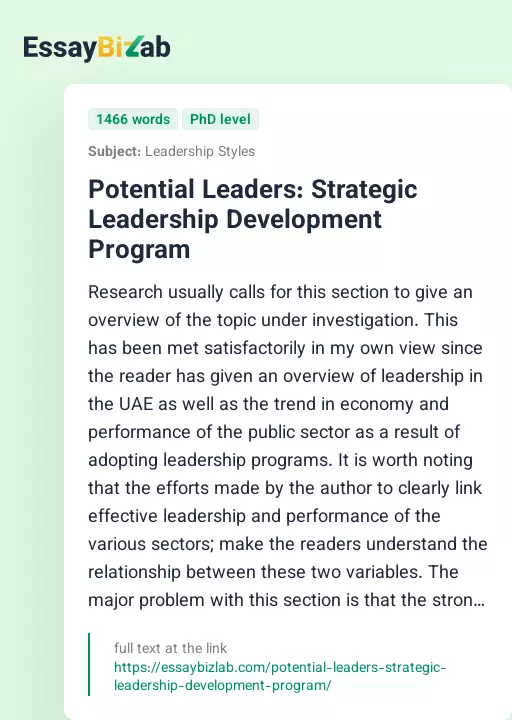 Potential Leaders: Strategic Leadership Development Program - Essay Preview