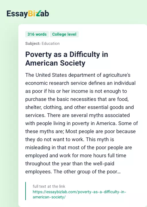 Poverty as a Difficulty in American Society - Essay Preview