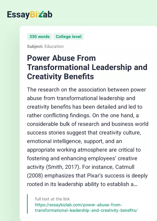 Power Abuse From Transformational Leadership and Creativity Benefits - Essay Preview