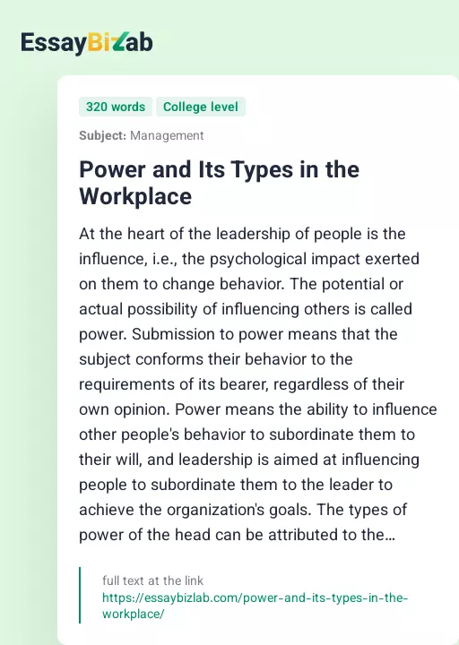 Power and Its Types in the Workplace - Essay Preview