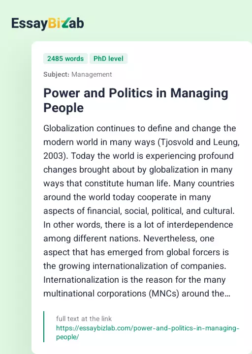 Power and Politics in Managing People - Essay Preview