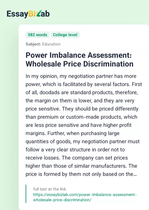 Power Imbalance Assessment: Wholesale Price Discrimination - Essay Preview