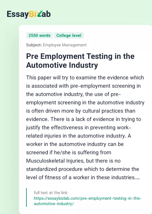 Pre Employment Testing in the Automotive Industry - Essay Preview