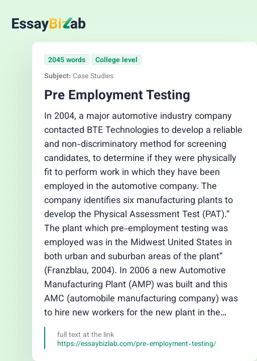 Pre Employment Testing - Essay Preview