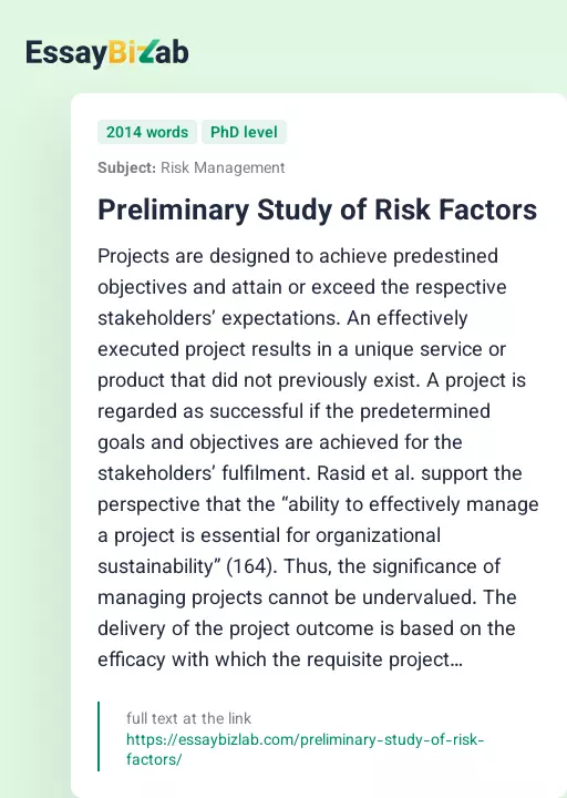 Preliminary Study of Risk Factors - Essay Preview