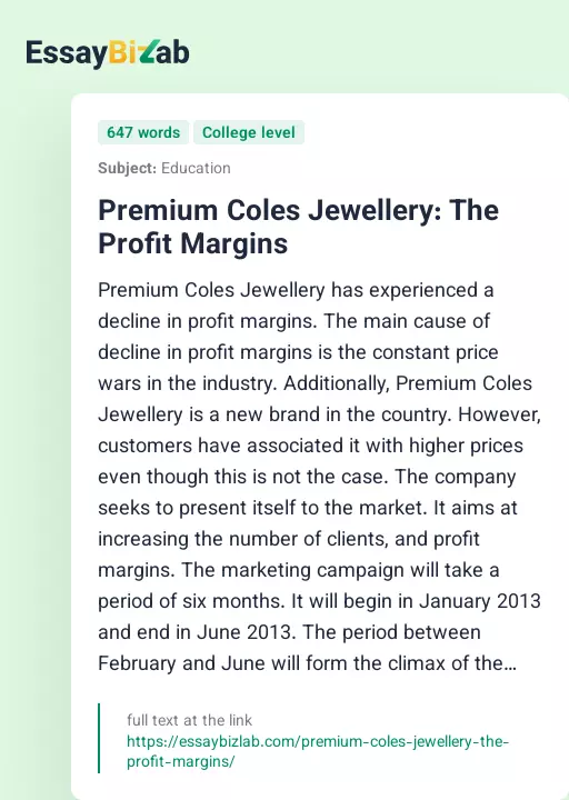 Premium Coles Jewellery: The Profit Margins - Essay Preview