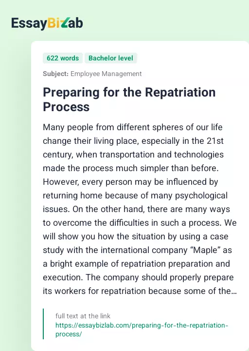 Preparing for the Repatriation Process - Essay Preview