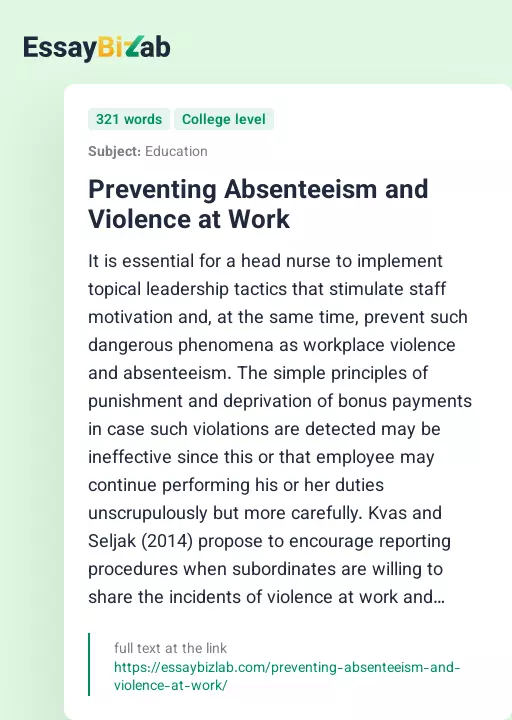 Preventing Absenteeism and Violence at Work - Essay Preview